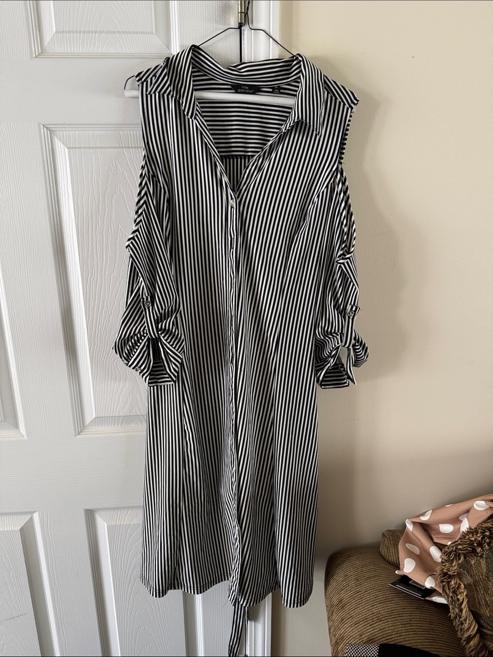 Mlle Gabrielle Black & White Striped Cold-Shoulder Shirt Dress